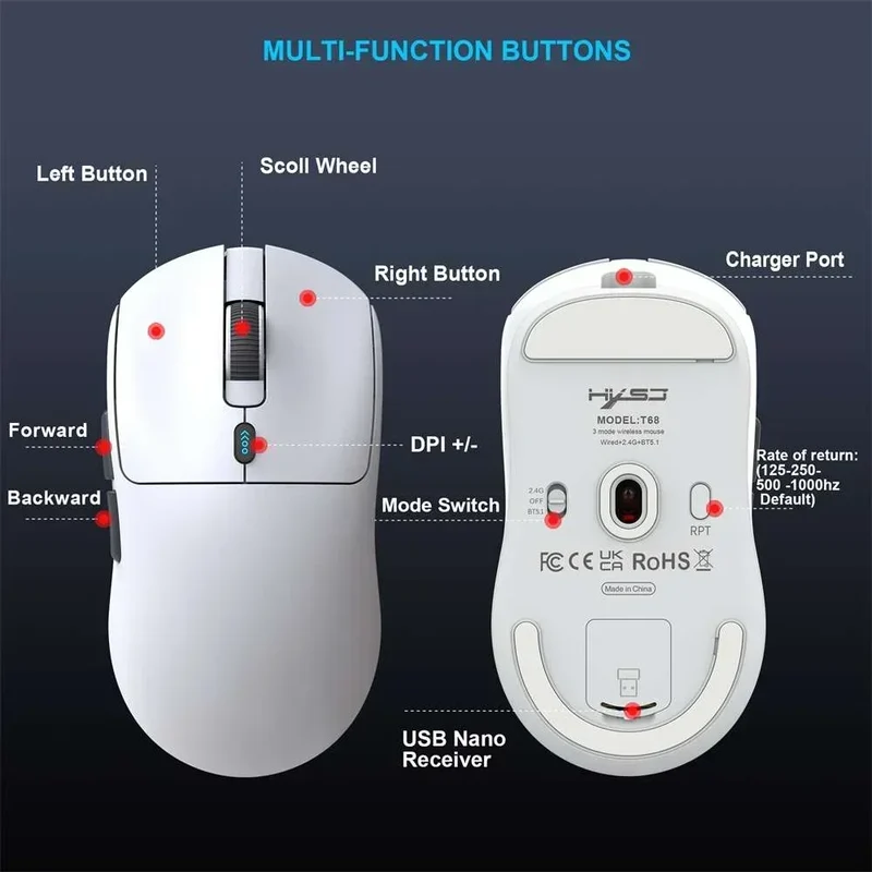 HXSJ T68 Tri-Mode Wireless Gaming Mouse | Long Battery Standby | 6 DPI Levels