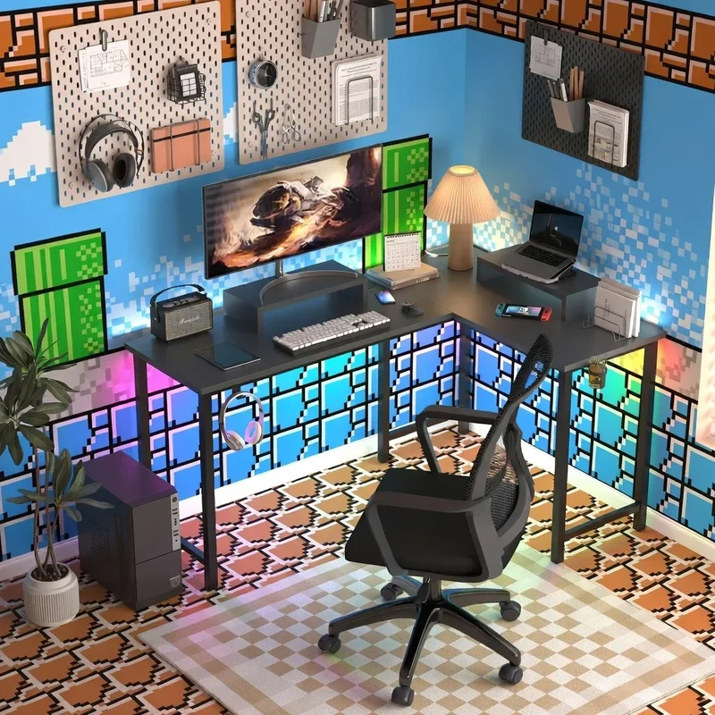 GTRACING L-Shaped Gaming Desk | RGB Lighting | Removable Storage Stands