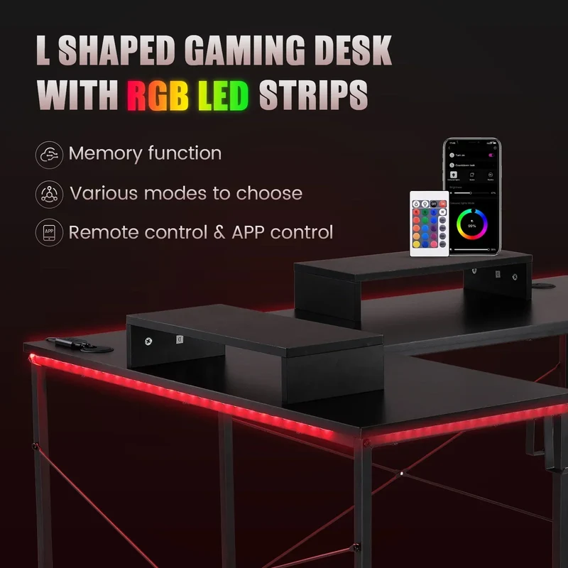 GTRACING L-Shaped Gaming Desk | RGB Lighting | Removable Storage Stands