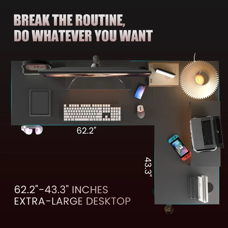 GTRACING L-Shaped Gaming Desk | RGB Lighting | Removable Storage Stands