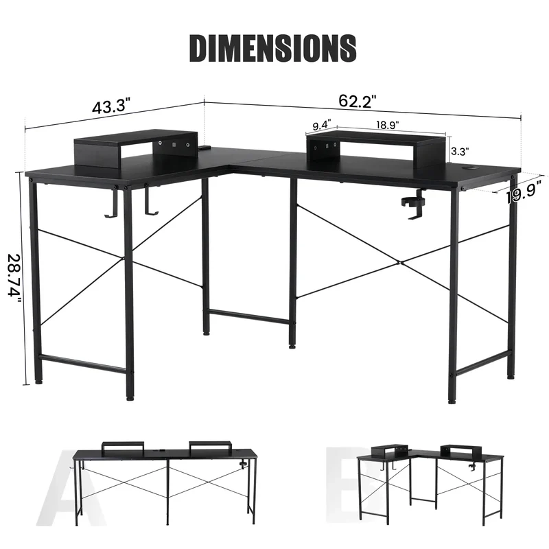 GTRACING L-Shaped Gaming Desk | RGB Lighting | Removable Storage Stands