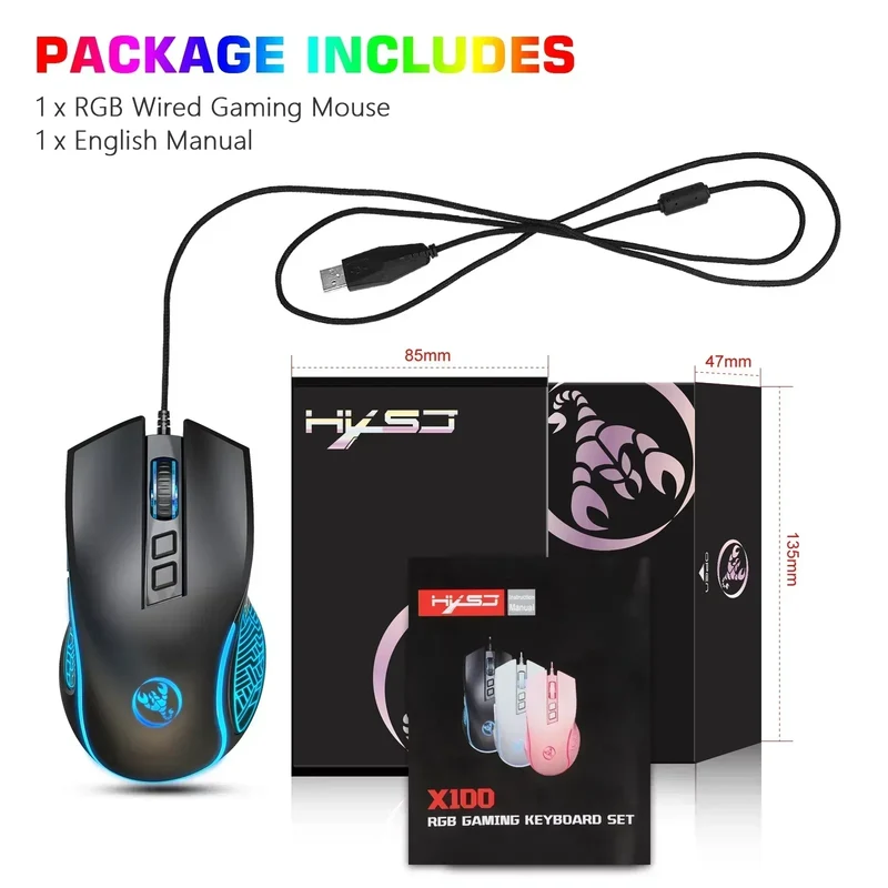 HXSJ X100 Wired Gaming Mouse | RGB Backlit | 7 Buttons | 4 Adjustable DPI up to 3200