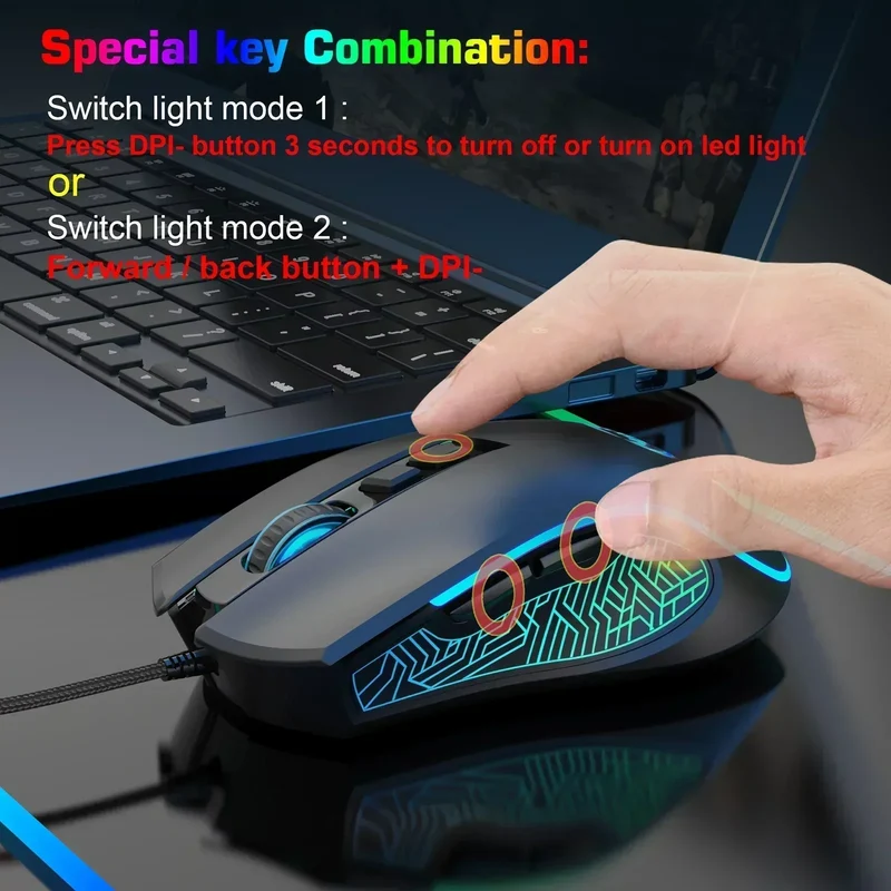 HXSJ X100 Wired Gaming Mouse | RGB Backlit | 7 Buttons | 4 Adjustable DPI up to 3200