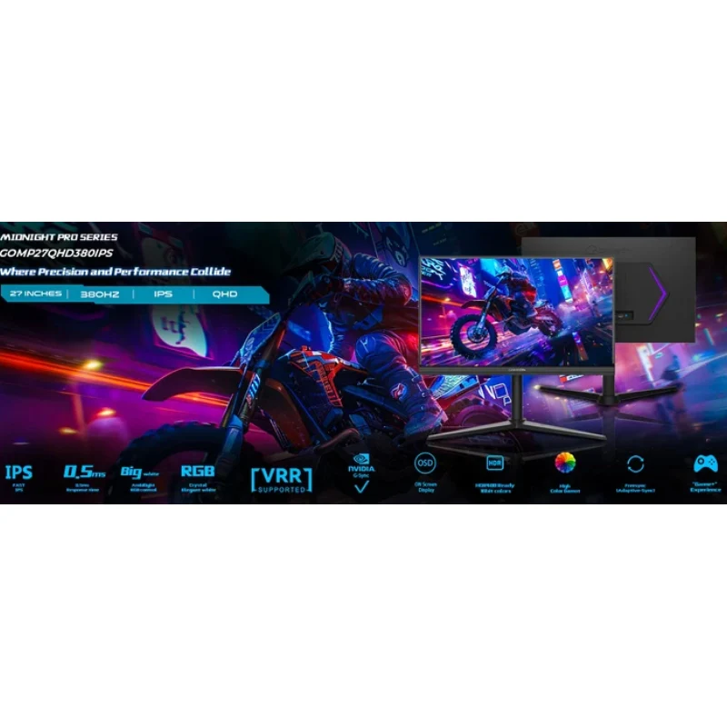 شاشة ألعاب جيم أون سلسلة ميدنايت برو GOMP27QHD380IPS، مقاس 27 بوصة QHD، تردد تحديث 380 هرتز، زمن استجابة 0.5 مللي ثانية، HDMI 2.1، DP 1.4، باللون الأسود