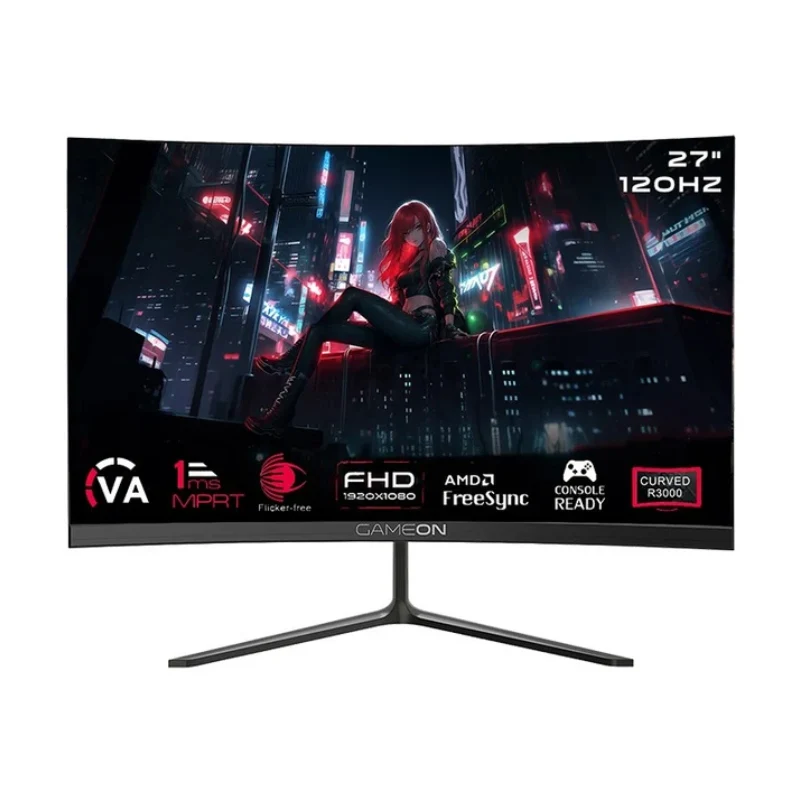 شاشة ألعاب منحنية جيم أون GOC27F120VA بدقة FHD، مقاس 27 بوصة FHD، تردد 120 هرتز، زمن استجابة 1 مللي ثانية، HDMI 2.1، VGA، أسود