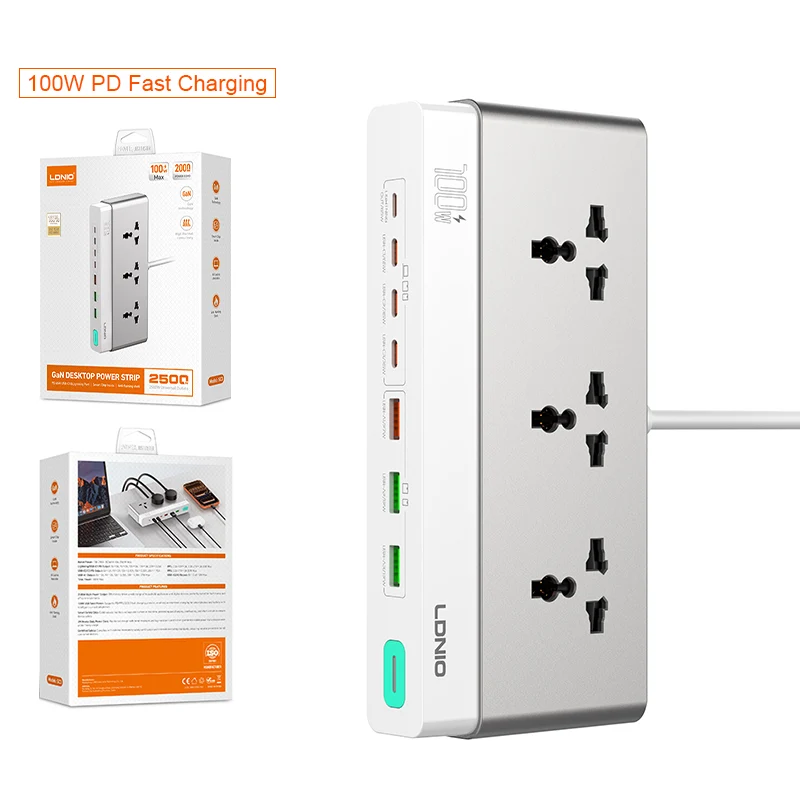 مشترك كهربائي LDNIO SC3 بثلاثة مقابس - متران / USB-A / USB-C / لايتنينج / رمادي