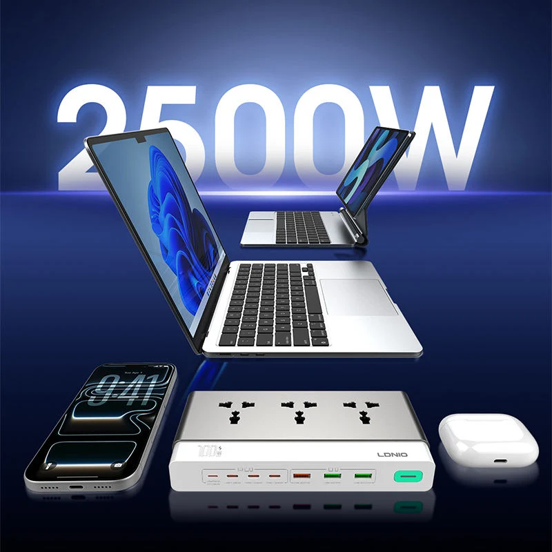مشترك كهربائي LDNIO SC3 بثلاثة مقابس - متران / USB-A / USB-C / لايتنينج / رمادي