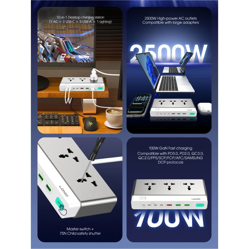مشترك كهربائي LDNIO SC3 بثلاثة مقابس - متران / USB-A / USB-C / لايتنينج / رمادي