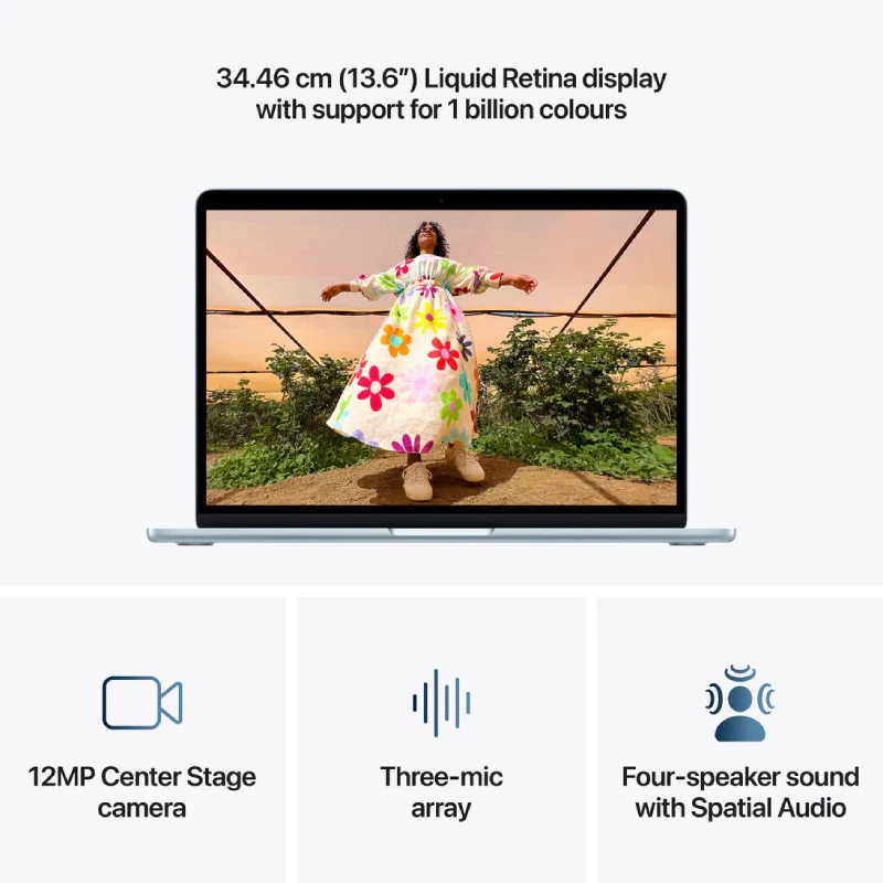 لابتوب آبل ماك بوك إير، مقاس 13.6 بوصة، M5، معالج 10 أنوية، معالج رسومات 8 أنوية، ذاكرة وصول عشوائي 16 جيجابايت، محرك أقراص صلبة بسعة 512 جيجابايت، عربي/إنجليزي، باللون الأزرق السماوي، ضمان سنة واحدة، (Z1L900186)