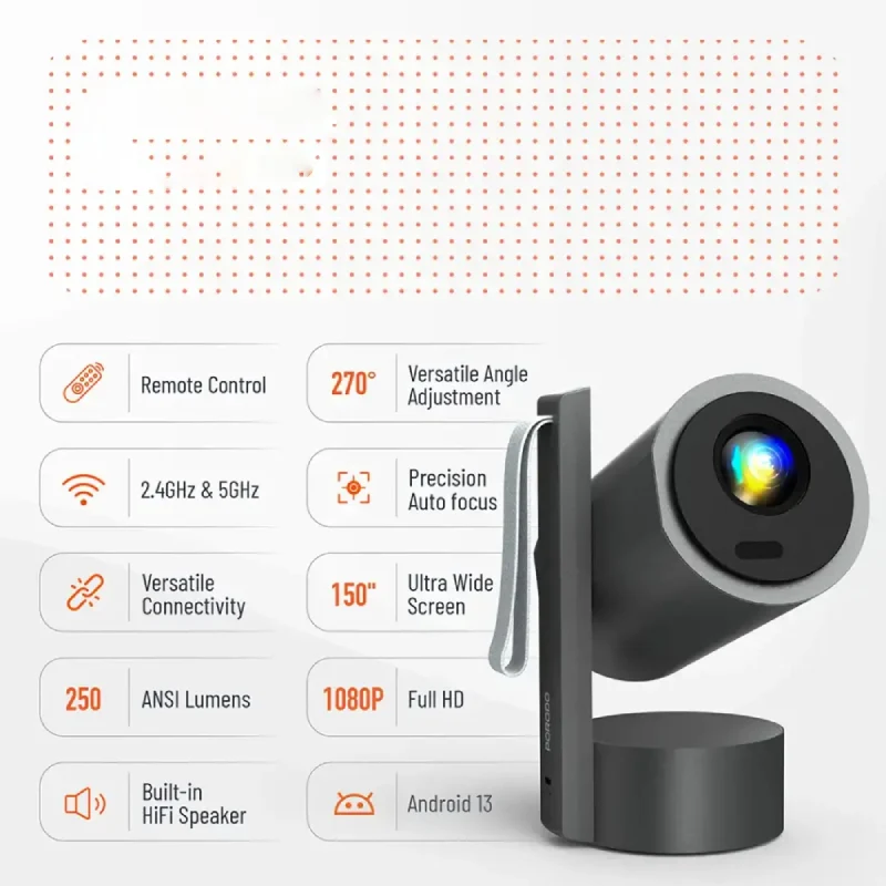 Porodo Full HD Smart Projector - Bluetooth / Wi-Fi / Gray