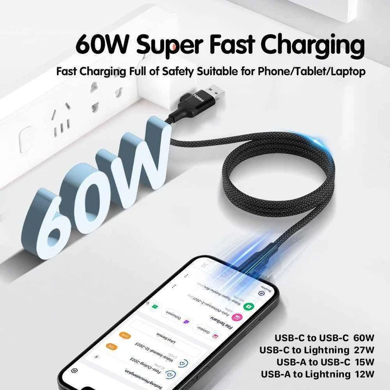 كابل مغناطيسي متعدد الوظائف توري سي سي - 60 واط / USB-A / USB-C / لايتنينج / 1 متر / أسود