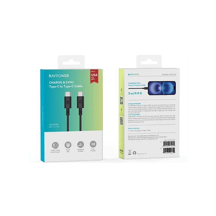 RavPower Cable 3m USB-C to USB-C - Black