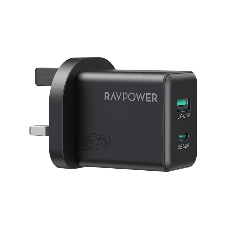 RavPower GaN Wall Charger PD 20W 1-Port USB-C and 1-Port USB-A - Black
