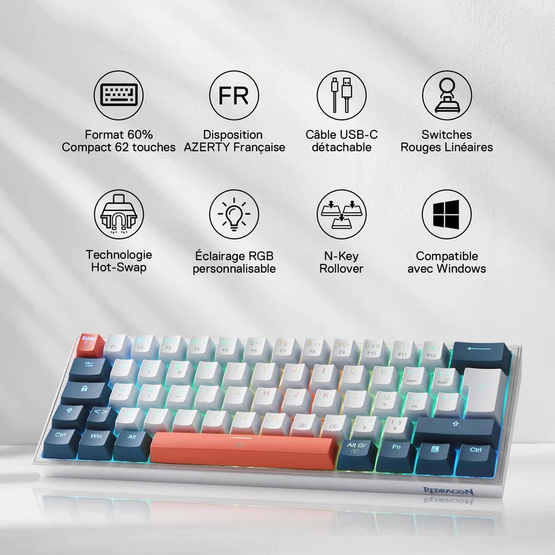 FIZZ K617 60% Clavier Gaming Mécanique AZERTY – Blanc & Bleu