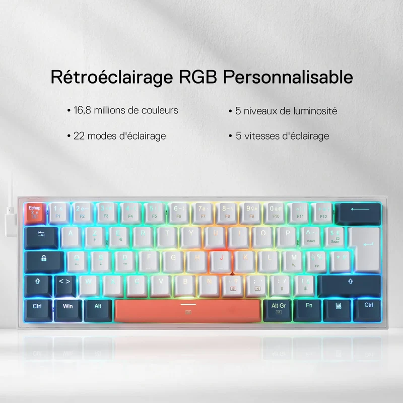 FIZZ K617 60% Clavier Gaming Mécanique AZERTY – Blanc & Bleu