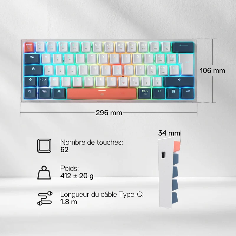 FIZZ K617 60% Clavier Gaming Mécanique AZERTY – Blanc & Bleu