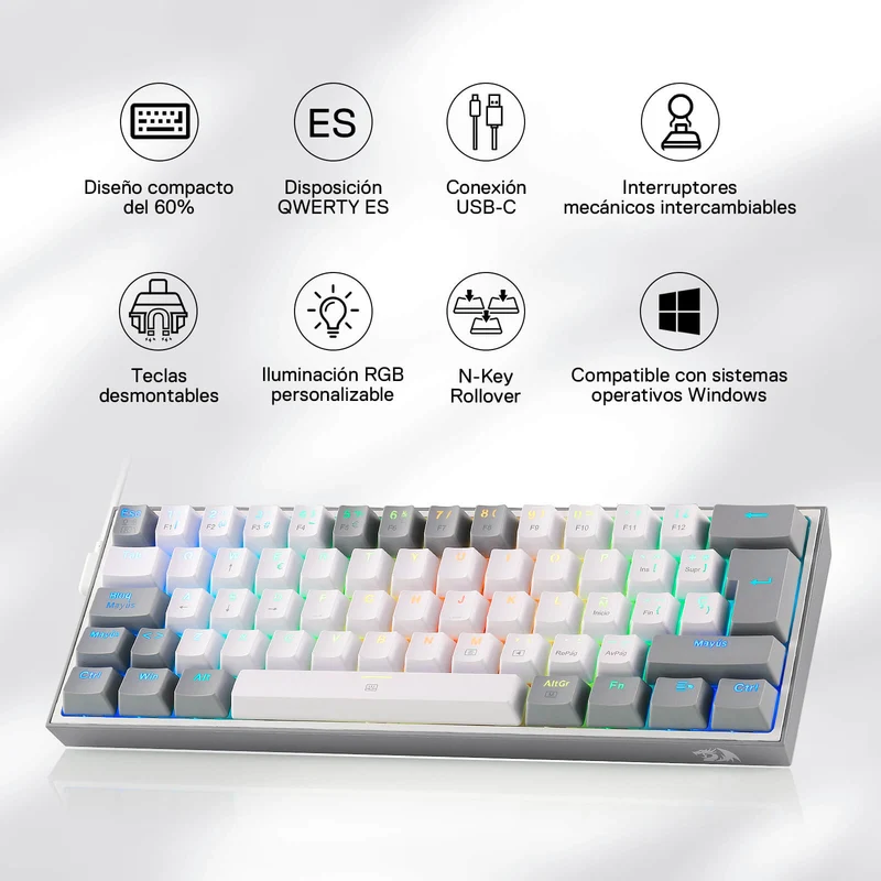 FIZZ K617ES Teclado Mecánico Mini 60% – Blanco y Gris