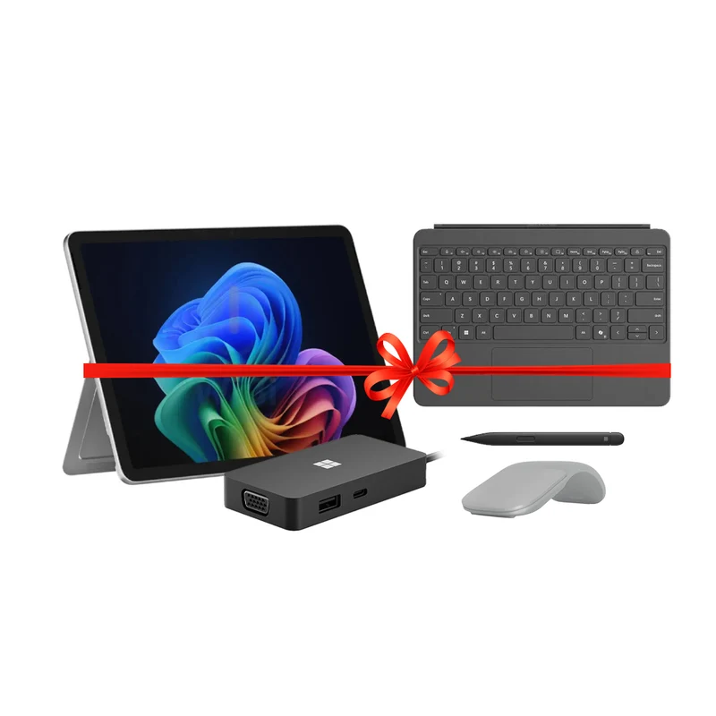 عرض باقة: تابلت مايكروسوفت سيرفس برو 12 Copilot+ PC - شاشة لمس 12 بوصة / معالج Snapdragon X Plus / ذاكرة 24 جيجابايت / تخزين SSD بسعة 1 تيرابايت / Windows 11 Pro + غطاء لوحة مفاتيح سيرفس برو مقاس 12 بوصة مع قلم Slim Pen 2 + ماوس سيرفس آرك + موزّع منافذ سي