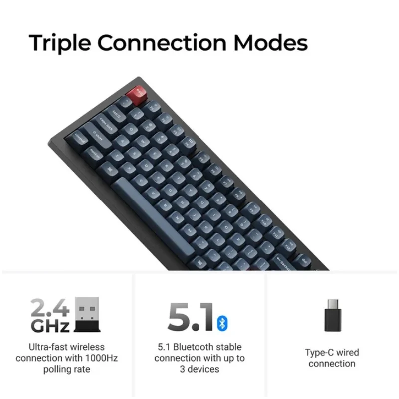 لوحة مفاتيح ألعاب ميكانيكية كيكرون QMK/VIA مخصصة، بحجم 75%، لاسلكية، RGB، باللون الأسود