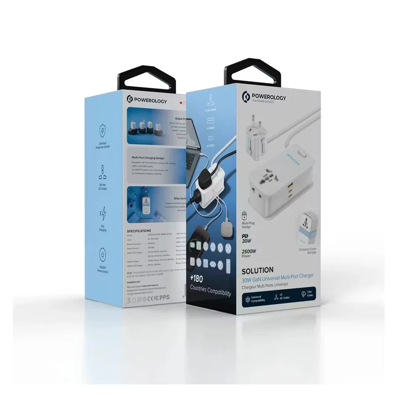 شاحن باورولوجي سوليوشن بتقنية GaN - 30 واط / ثلاثي المخارج / USB-C / USB-A / أبيض