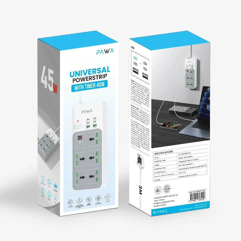 مشترك كهربائي عام باوا مع مؤقت - 5 مخارج / USB-A / USB-C / أبيض