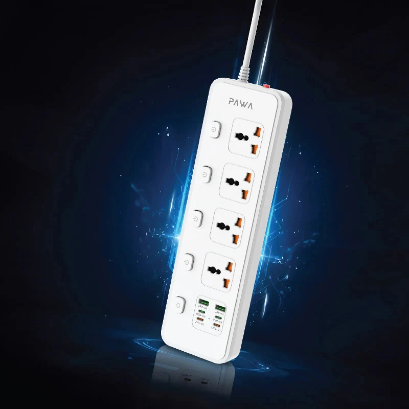 مشترك كهربائي عام باوا - 4 مخارج / 65 واط / 3 متر / USB-A / USB-C / أبيض