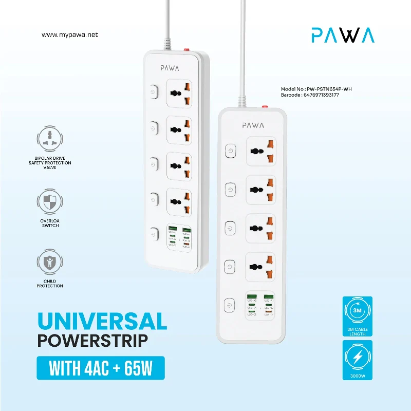 مشترك كهربائي عام باوا - 4 مخارج / 65 واط / 3 متر / USB-A / USB-C / أبيض