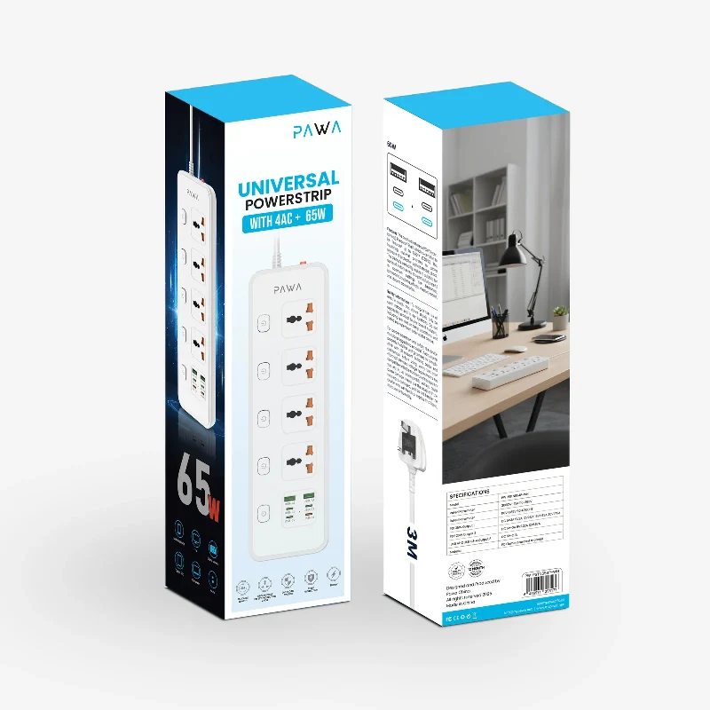 مشترك كهربائي عام باوا - 4 مخارج / 65 واط / 3 متر / USB-A / USB-C / أبيض