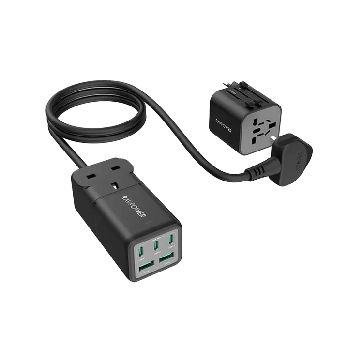 شاحن مكتبي راف باور بقدرة 75 واط مع 3 منافذ USB-C ومنفذي USB-A ومقبس تيار متردد واحد - أسود