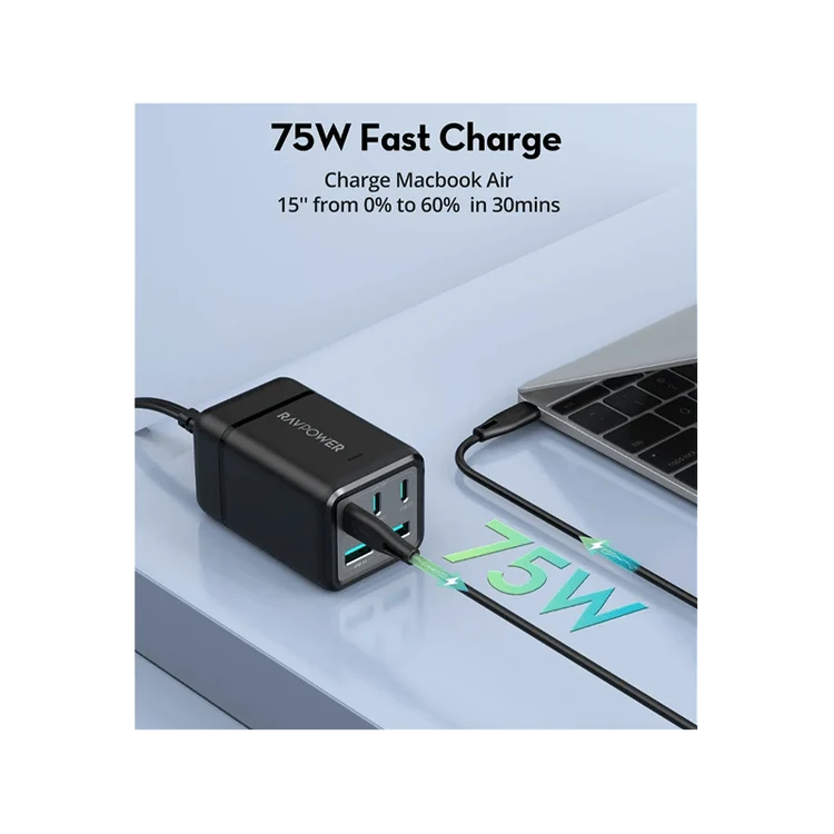شاحن مكتبي راف باور بقدرة 75 واط مع 3 منافذ USB-C ومنفذي USB-A ومقبس تيار متردد واحد - أسود