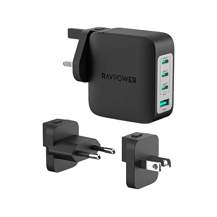 شاحن حائط راف باور بـ3 منافذ USB-C ومنفذ USB-A وتقنية PD بقدرة 140 واط - أسود