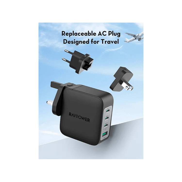 شاحن حائط راف باور بـ3 منافذ USB-C ومنفذ USB-A وتقنية PD بقدرة 140 واط - أسود