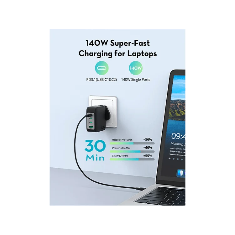 شاحن حائط راف باور بـ3 منافذ USB-C ومنفذ USB-A وتقنية PD بقدرة 140 واط - أسود