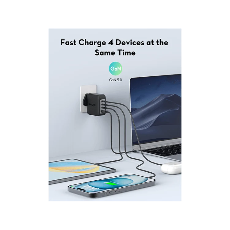 شاحن حائط راف باور بـ3 منافذ USB-C ومنفذ USB-A وتقنية PD بقدرة 140 واط - أسود