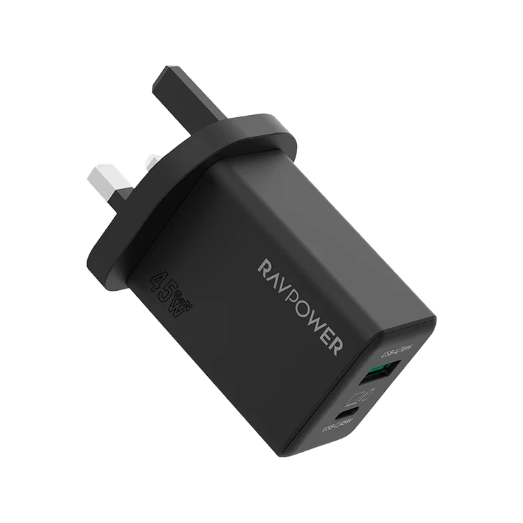 شاحن حائط راف باور بمنفذ USB-C ومنفذ USB-A وتقنيتي PD وGaN بقدرة 45 واط - أسود