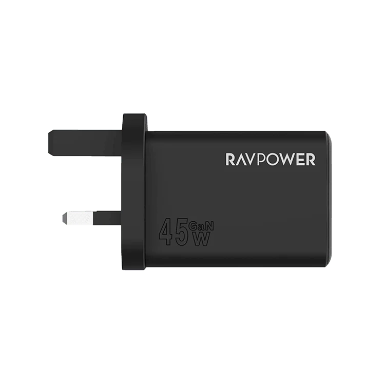 شاحن حائط راف باور بمنفذ USB-C ومنفذ USB-A وتقنيتي PD وGaN بقدرة 45 واط - أسود