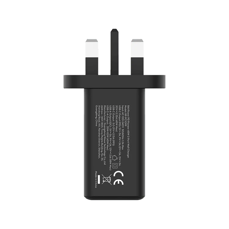 شاحن حائط راف باور بمنفذ USB-C ومنفذ USB-A وتقنيتي PD وGaN بقدرة 45 واط - أسود