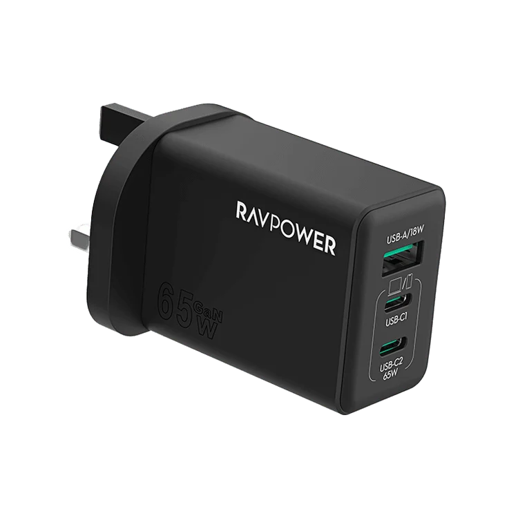 شاحن حائط راف باور بمنفذي USB-C ومنفذ USB-A وتقنيتي PD وGaN بقدرة 65 واط - أسود