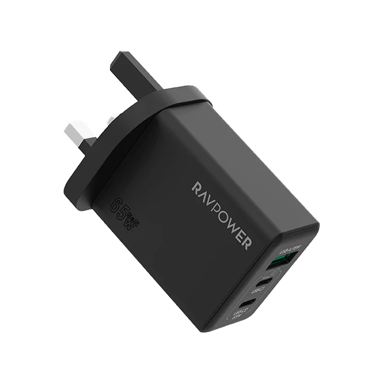 شاحن حائط راف باور بمنفذي USB-C ومنفذ USB-A وتقنيتي PD وGaN بقدرة 65 واط - أسود