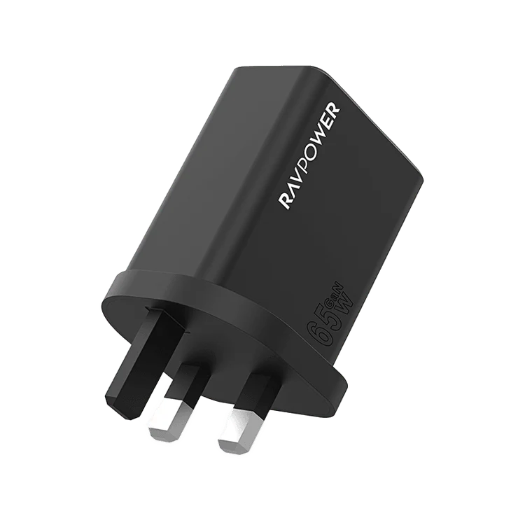 شاحن حائط راف باور بمنفذي USB-C ومنفذ USB-A وتقنيتي PD وGaN بقدرة 65 واط - أسود