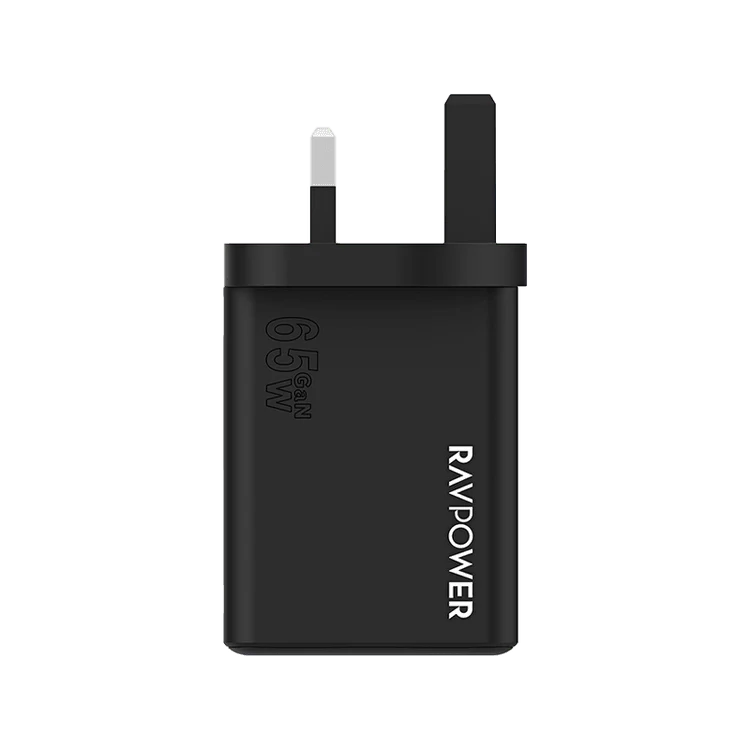 شاحن حائط راف باور بمنفذي USB-C ومنفذ USB-A وتقنيتي PD وGaN بقدرة 65 واط - أسود