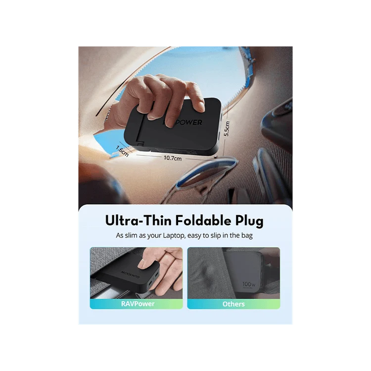 شاحن حائط راف باور بمنفذي USB-C وتقنيتي PD وGaN بقدرة 100 واط - أسود