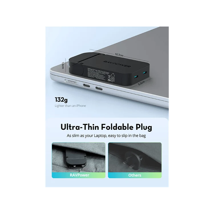 شاحن حائط راف باور بمنفذي USB-C وتقنيتي PD وGaN بقدرة 100 واط - أسود