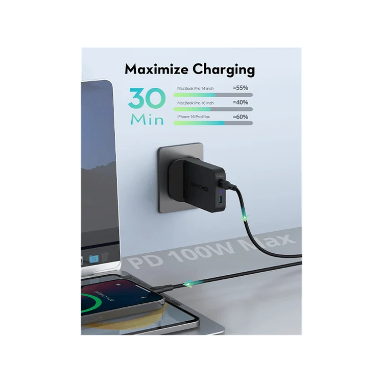 شاحن حائط راف باور بمنفذي USB-C وتقنيتي PD وGaN بقدرة 100 واط - أسود