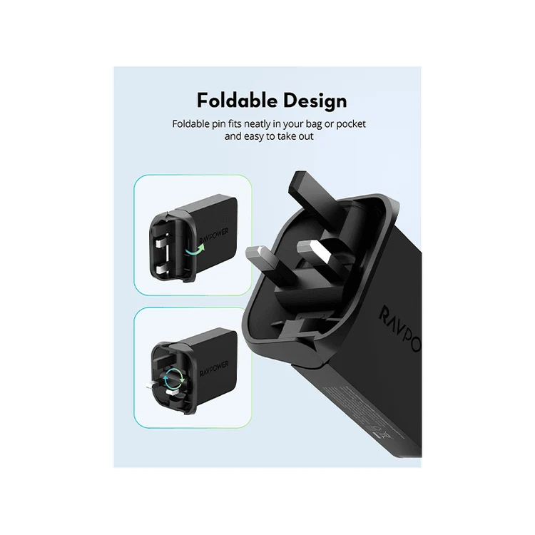 شاحن حائط راف باور USB-C قابل للطي بتقنية PD بقدرة 60 واط - أسود