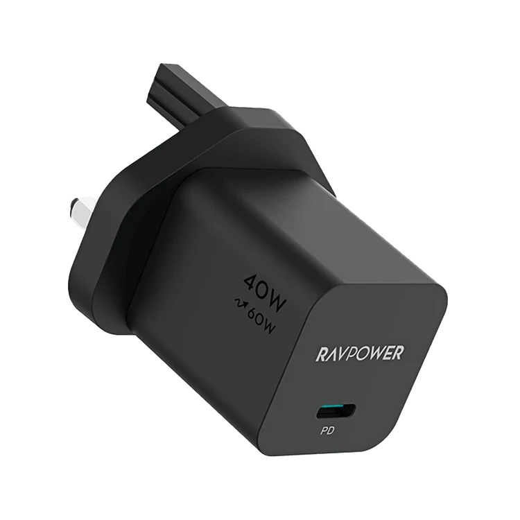 شاحن حائط راف باور USB-C بتقنيتي PD وGaN بقدرة 40 واط وبحد أقصى 60 واط - أسود