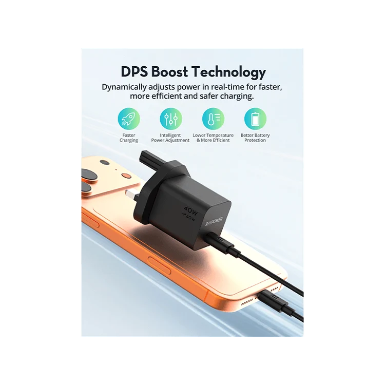 شاحن حائط راف باور USB-C بتقنيتي PD وGaN بقدرة 40 واط وبحد أقصى 60 واط - أسود