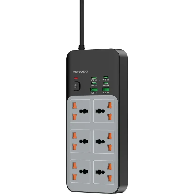 Porodo Universal Power Strip with 6 USB Ports/3000W/4C+2A - Gray
