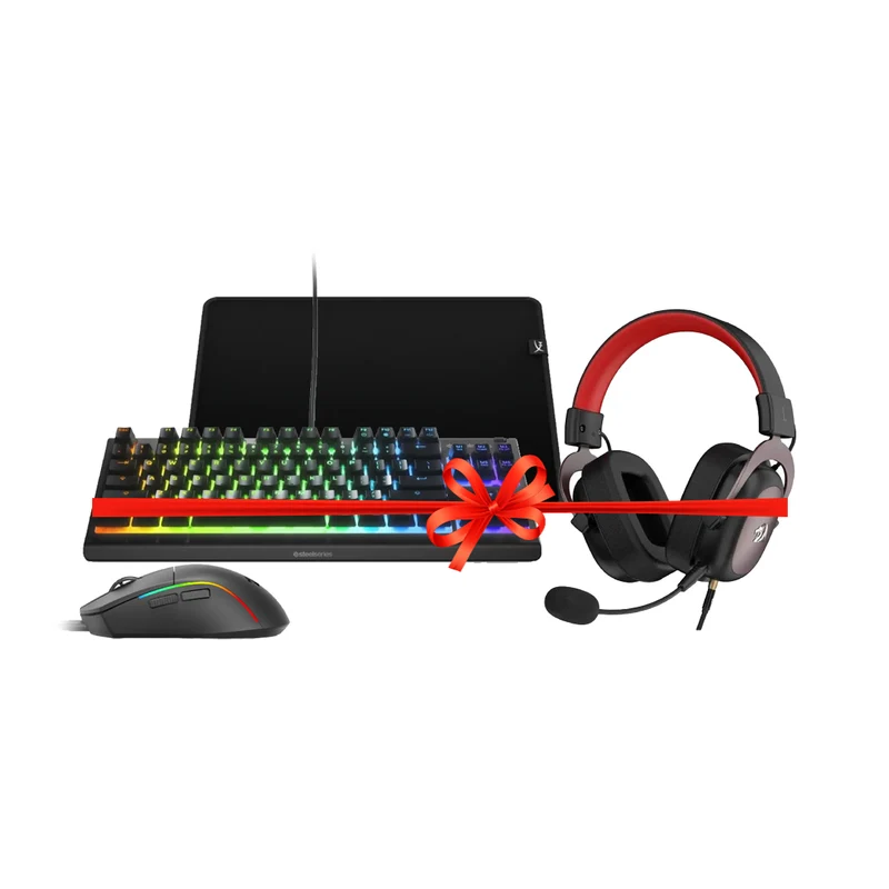 عرض حزمة ستيل سيريز أبيكس 3 TKL لوحة مفاتيح ألعاب، سلكية، RGB، أسود + لوحة ماوس ألعاب هايبر إكس بالس فاير مات، متوسطة، أسود + سماعة ألعاب ريدراجون H510 زيوس، فوق الأذن، 3.5 مم، أسود + ماوس ألعاب سلكي ريدراجون M816-RGB، أسود