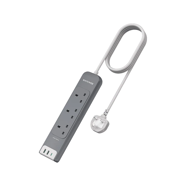 مشترك كهربائي متعدد المنافذ راف باور بمنفذ USB-C ومنفذي USB-A وتقنية PD30 و3 مقابس تيار متردد مع كابل بطول 3 أمتار